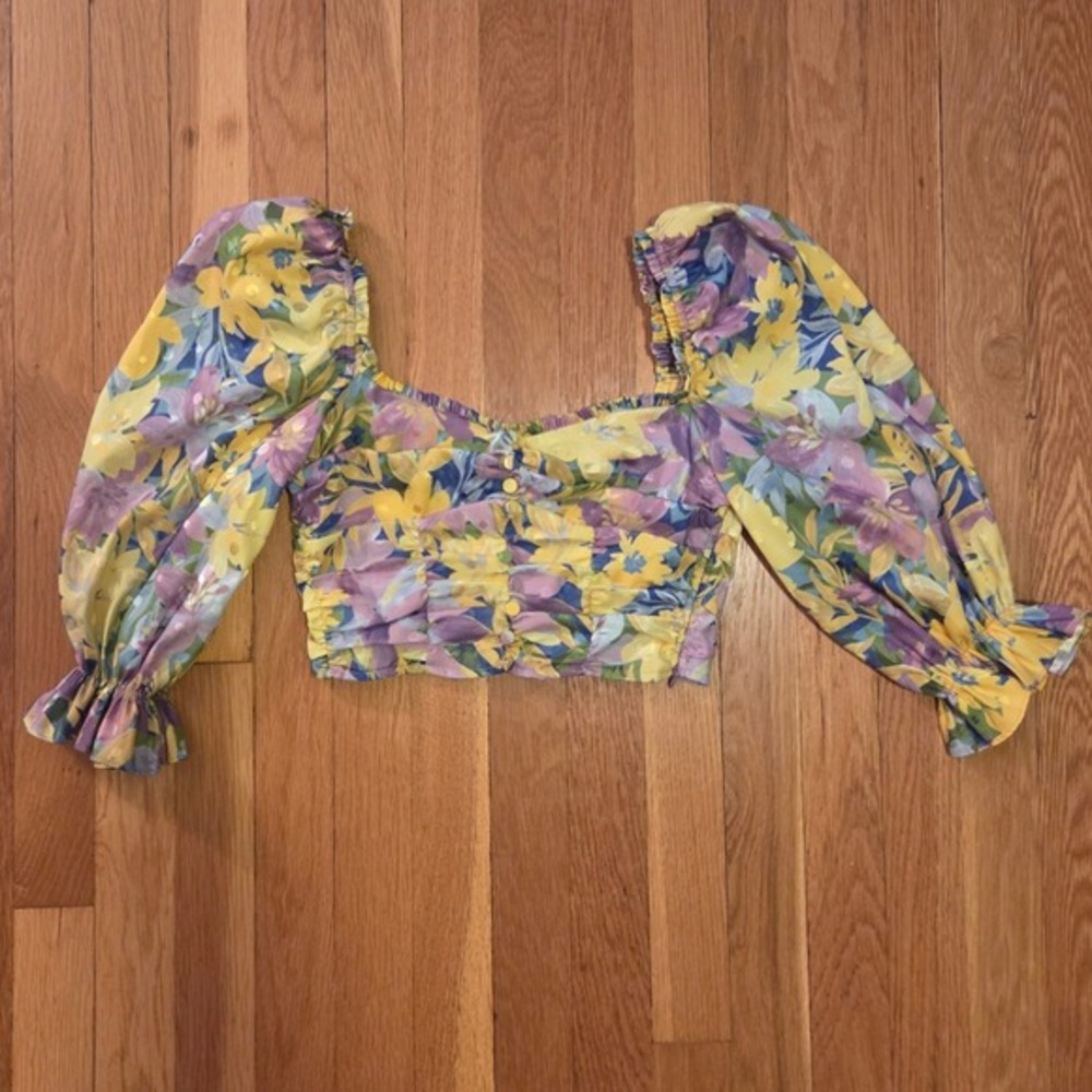 For Love & Lemons Cassia Blue Yellow Purple‎ Floral Print Cropped Top, Sz XS - Picture 7 of 12